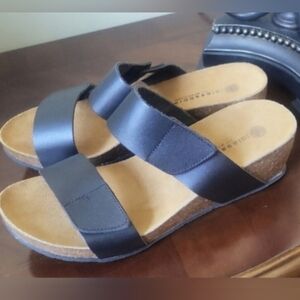 Eric Michael Black Slide Sandals with Cork Wedge